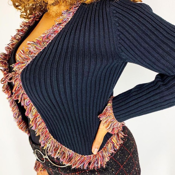 Y2K CROPPED RIBBED TIE FRONT RAINBOW FRINGE CARDIGAN SIZE MEDIUM - Picture 2 of 5